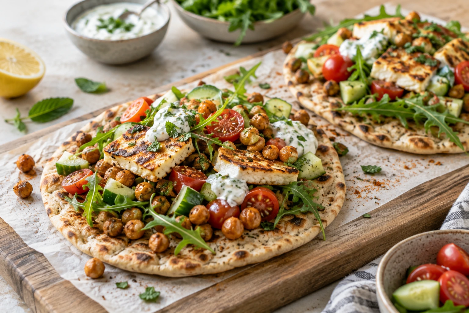 Crispy chickpea and halloumi flatbreads with fresh vegetables